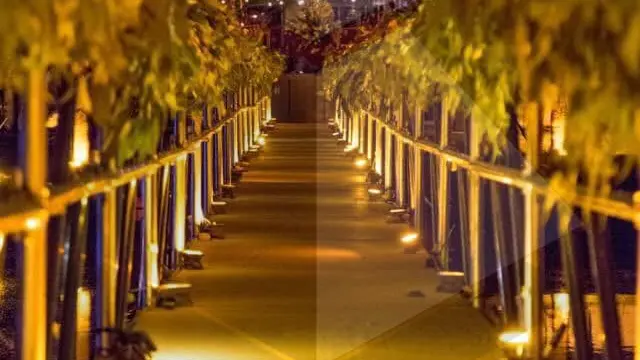 Puente hecho de udeck y uscaffold ya decorado e iluminado listo para el evento 