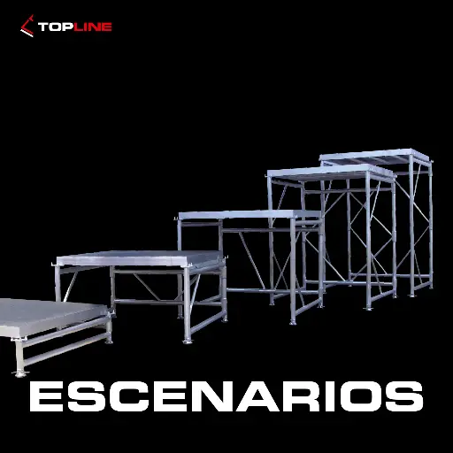 Tarimas para tu evento Escenarios de acero y aluminio, con escaleras, crucetas, pasamanos, faldones.