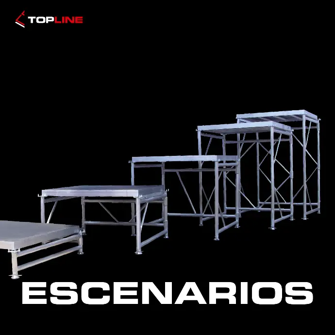 Conoce todos los productos que tenemos para que tu escenario este completo, desde una tarima hasta el escenario completo. Nuestros escenarios estan diseñados para que adapten a tus necesidades, alturas fijas, variables, con escalera, pasamanos, en acero o aluminio